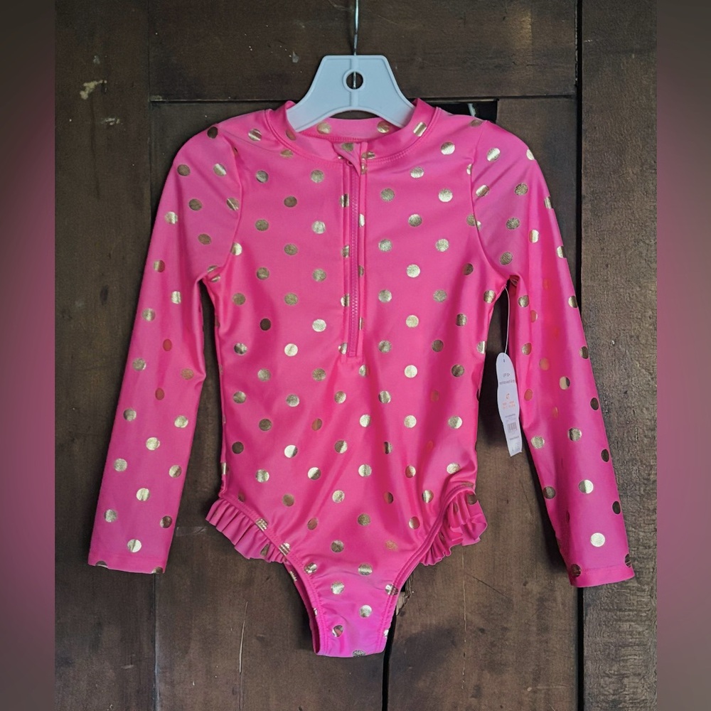 Wonder Nation Neon Pink and Gold Polka Dot Girls Swim Suit Rashguard